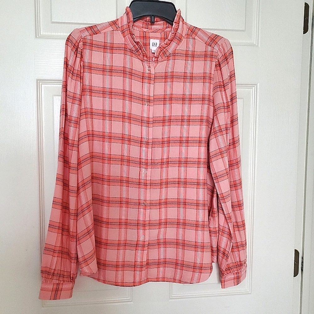 GAP Plaid Ruffle-Neck Blouse - Picture 2 of 7